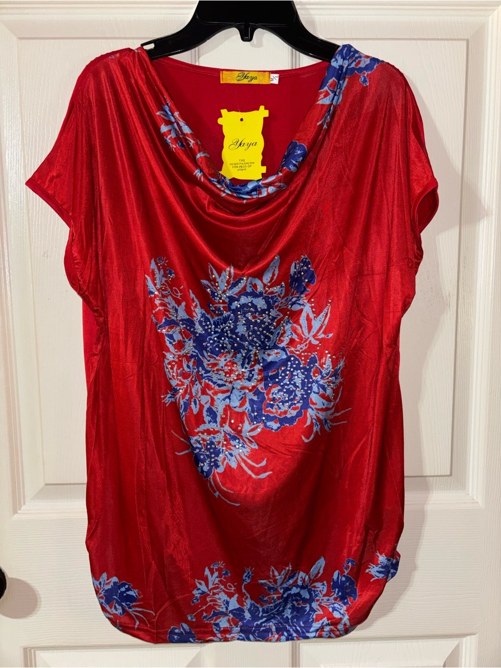 Red Draped Cowl Neck Blouse with Blue Floral Print